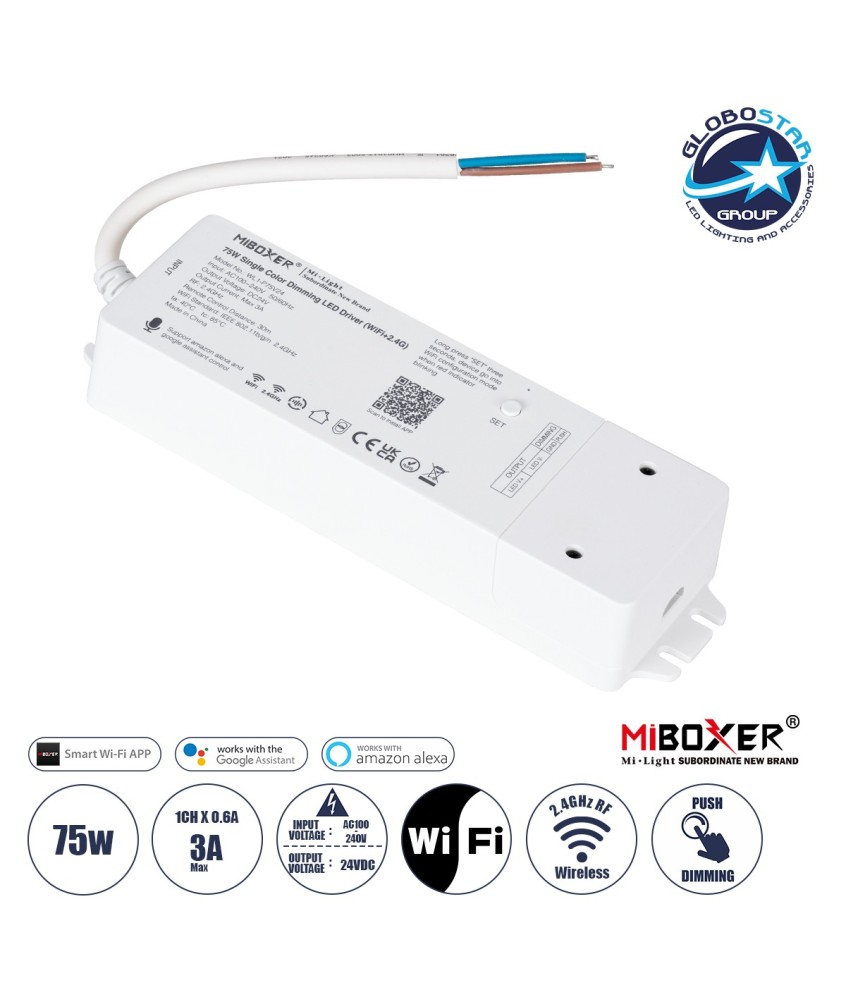 GloboStar® 71437 WL1-P75V24 Mi-BOXER DC Smart Wifi & RF 2.4Ghz & Push Dimming Power Supply Τροφοδοτικό SELV & Controller - Dimmer All in One AC100-240V σε DC 24V 1 x 3A 75W - Max 3A 75W - IP20 Μ19 x Π5.5 x Υ3.2cm - 5 Years Warranty
